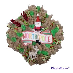 North Pole Santa Reindeer Ribbon Burlap Square Christmas Holiday Wreath
